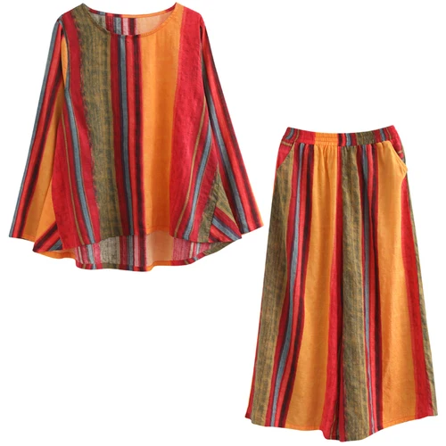 

Literary Two Piece Outfits Striped Womens Tracksuit Set Cotton Linen Women Clothing Sets Women's Tracksuits Wide Leg Pants