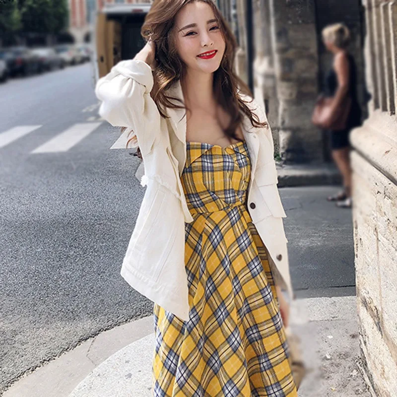 

Sweet Summer Sling Casual Plaid Dresses Women Sexy High Waist Female Drawstring Dress Cozy Long Robe Soft Vestido De Mujer