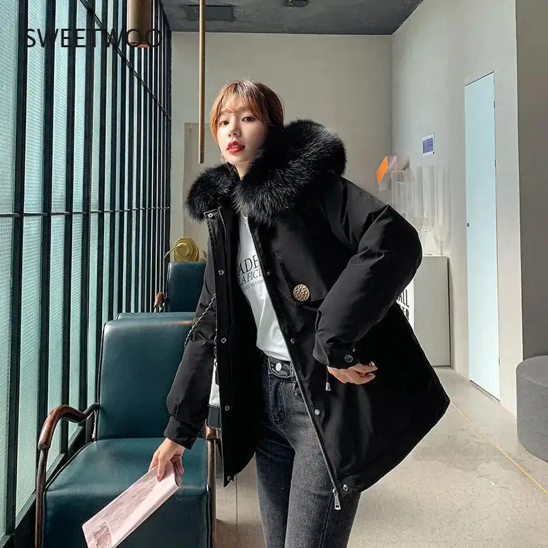 2021 New Fashion Velvet Liner Winter Jacket Women Big Fur Hooded Parkas Female Jacket Coat Warm Casual Loose Winter Outwear