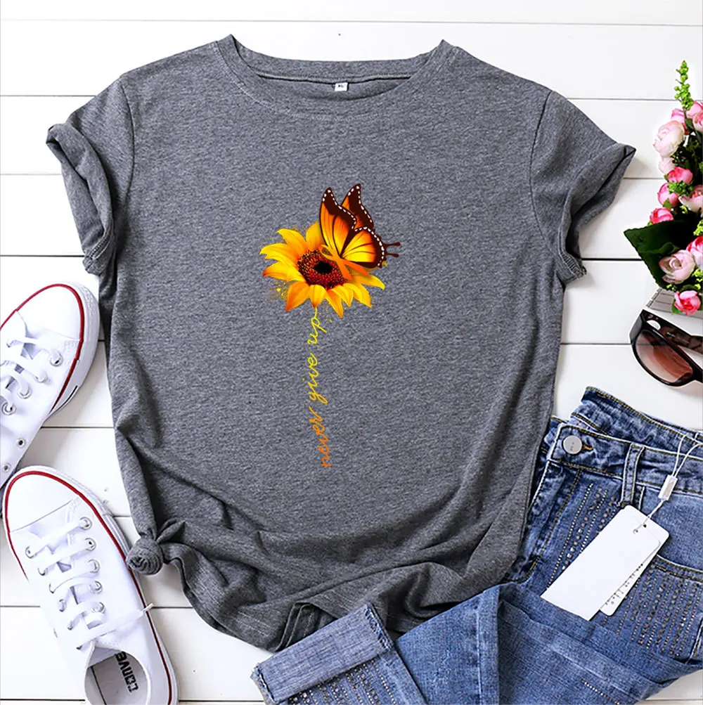 

Summer Cotton T Shirts Butterfly Sunflower Graphic Tee Plus Size S- 5XL O-Neck Short Sleeve Tshirts Casual Tees Tops Women