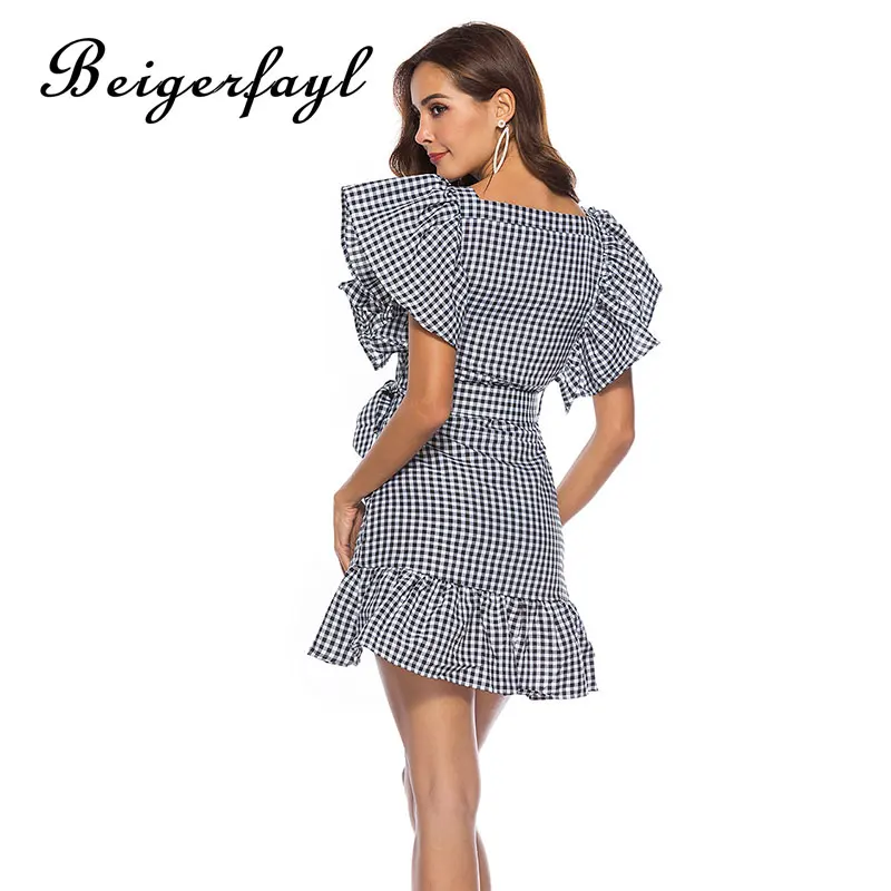 Beigerfayl 2019 Cotton Plaid Short Sleeve Dress Pleated Ruffle Mini Dresses Summer Women New Elegant Sukienka LYQ6152 | Женская одежда