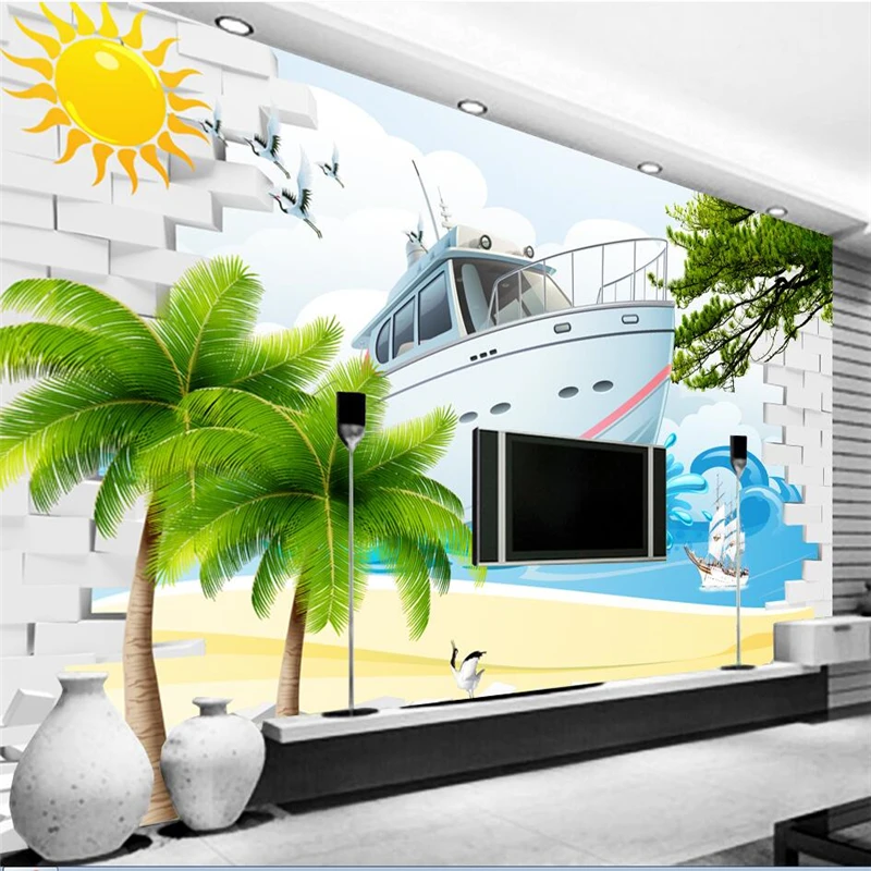 

Фотообои на заказ, 3D фон с красивым видом на море, ТВ, диван, настенные росписи