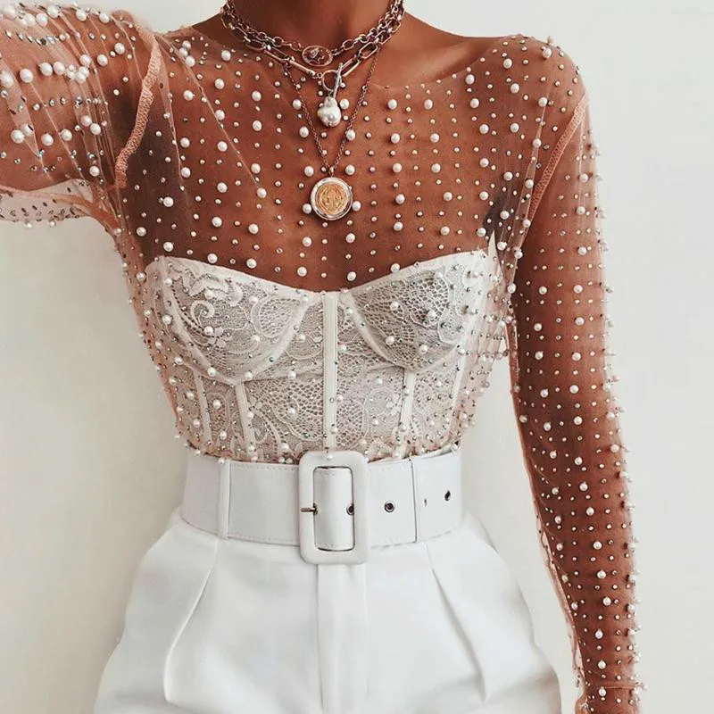 

Повседневные сетчатые жемчужные Топы с длинным рукавом, Женская Сексуальная Прозрачная кружевная рубашка