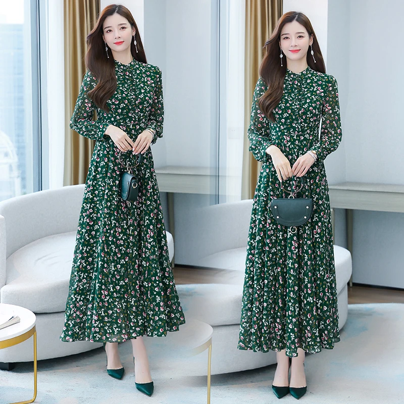 

Women Dress Autumn 2021 Office Lady Korea Style Long Sleeve Floral Print Chiffon Single Breasted Stand Neck Dresses