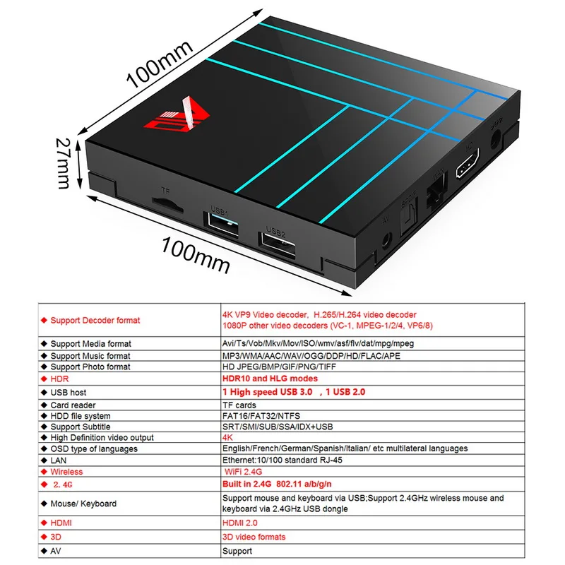 ТВ-Приставка Smart Android 9 0 4 Гб 64 RK3318 core телеприставка 2 4G Wifi H.265 4K HDR медиаплеер USB 3 |