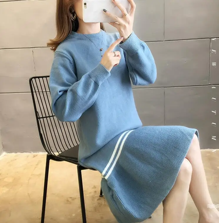

2019 Autumn Winter Women Knitted Sweaters Solid Patchwork Loose Long Sleeve Elegant Vestidos Pullover Sweater Dresses