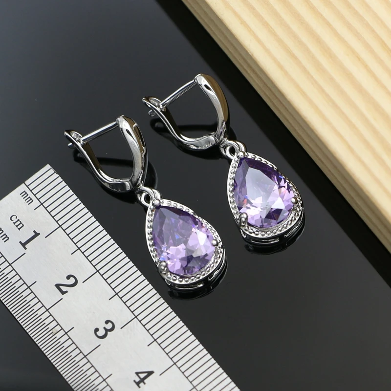 Женский комплект украшений серебро 925 пробы серьги с фиолетовыми каплями кольцо