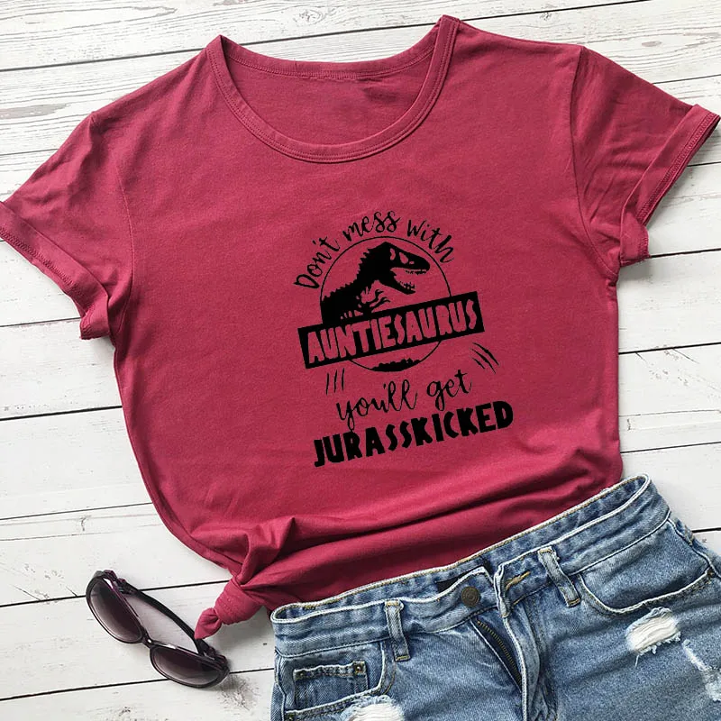burgundy-black text Не связывайтесь с AuntieSaurus Новое поступление графическая женская летняя забавная футболка из хлопка Auntie рубашка подарок для тети лучшая тётя когда-либо - Цвет: burgundy-black text