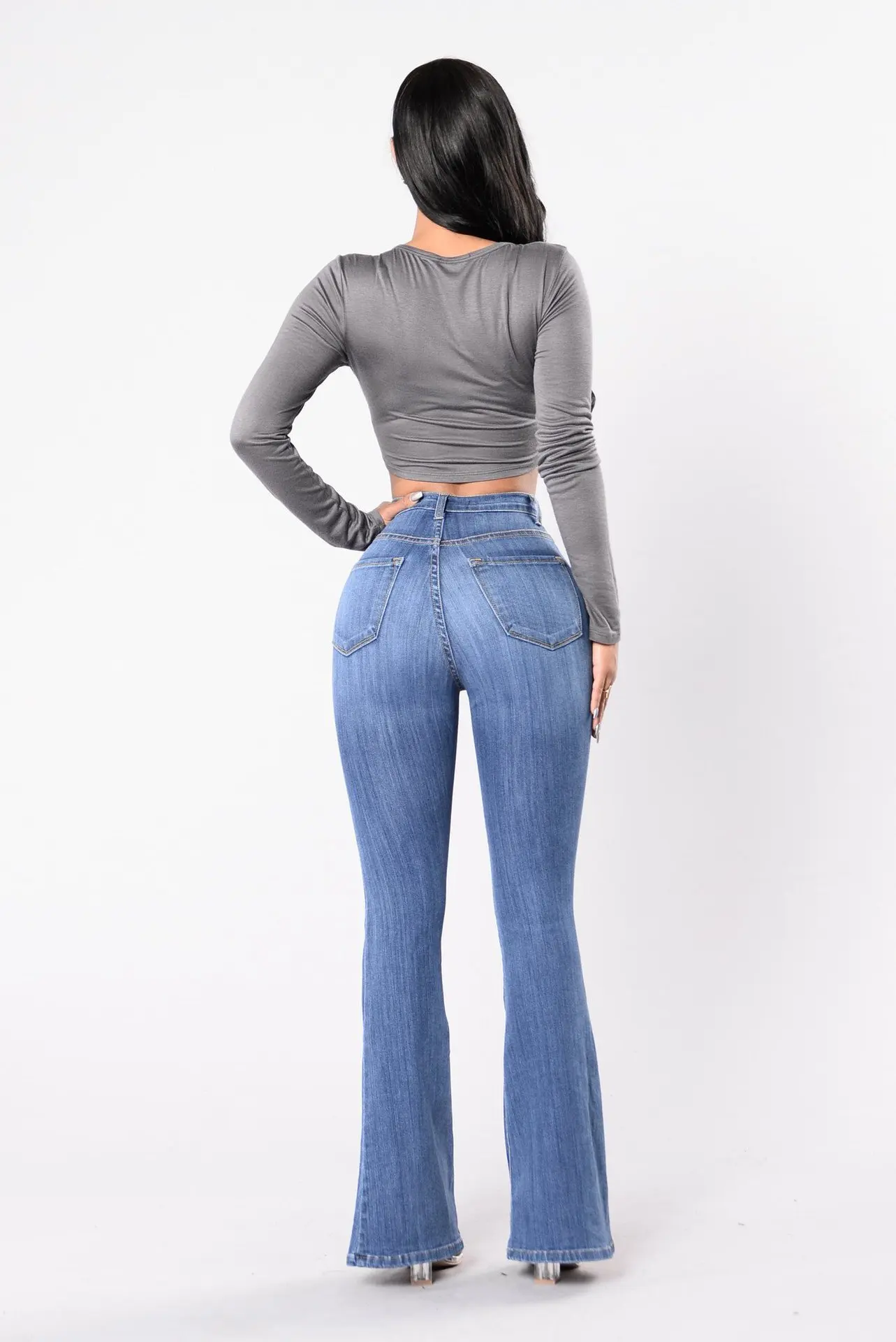 

2021 European and American women's jeans high waist buttoned wide-leg jeans women