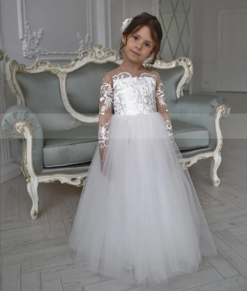 

Белое Кружевное Тюлевое платье с длинным рукавом и цветочным принтом