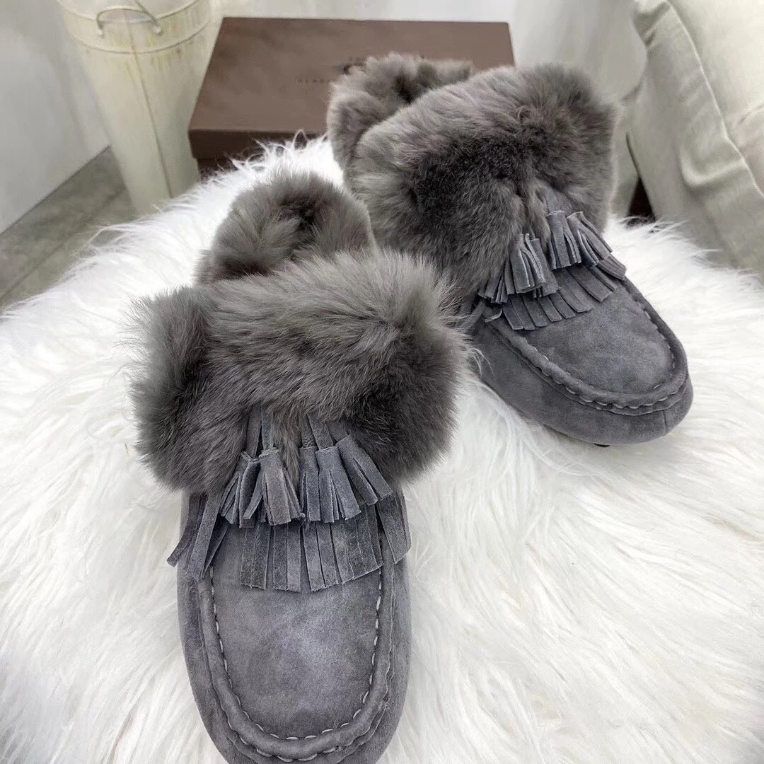 

Winter Furry Warm Gray Fringed High-top Peas Flat Shoes Wool Slip-on Luxury Brand Shoes Women Suede Casual Sewing Trendy Loafers