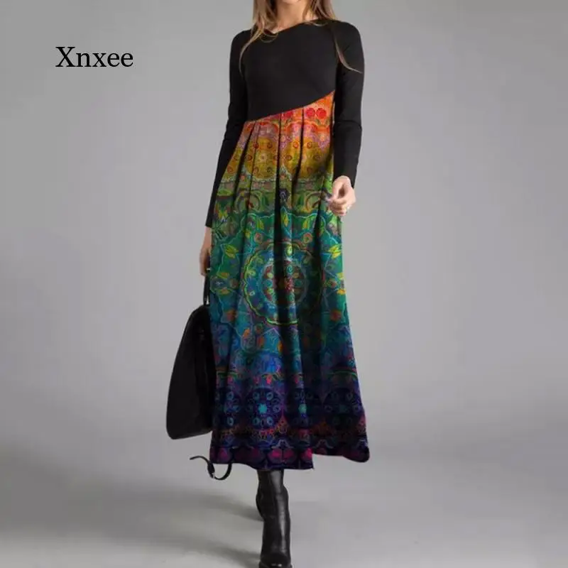 

Women Patchwork Robe Loose Dresses Autumn Winter Long Sleeve Digital Print Flower Large Hem Maxi Dress Lady Dress
