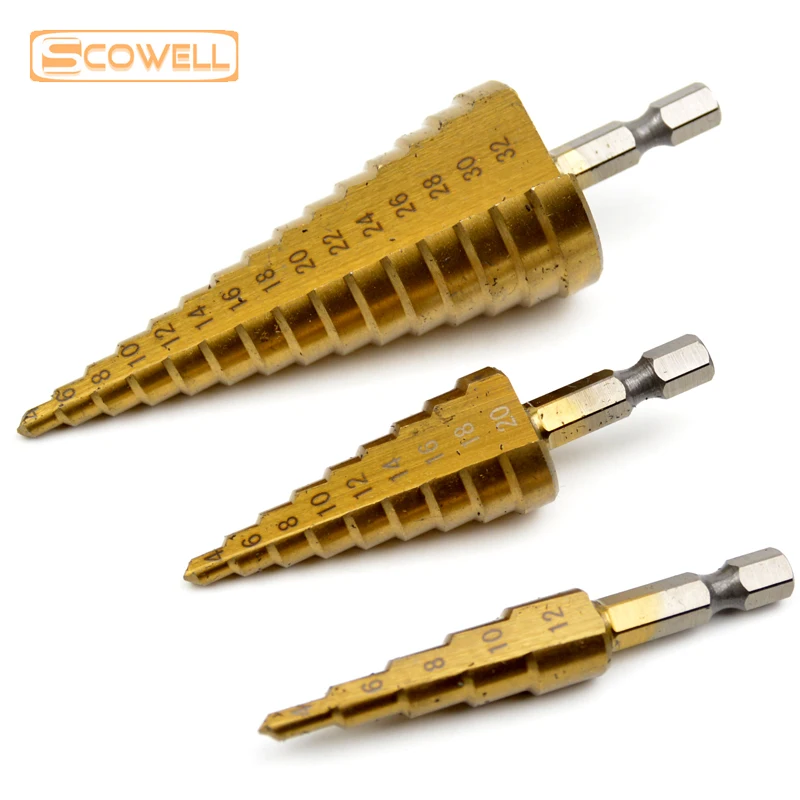 

3 Pack Titanium Coated Steps Drilling Bits for Wood Metric 4/8/14 Steps Working 4-12mm 4-20mm 4-32mm HSS Tower Drill Bit Set