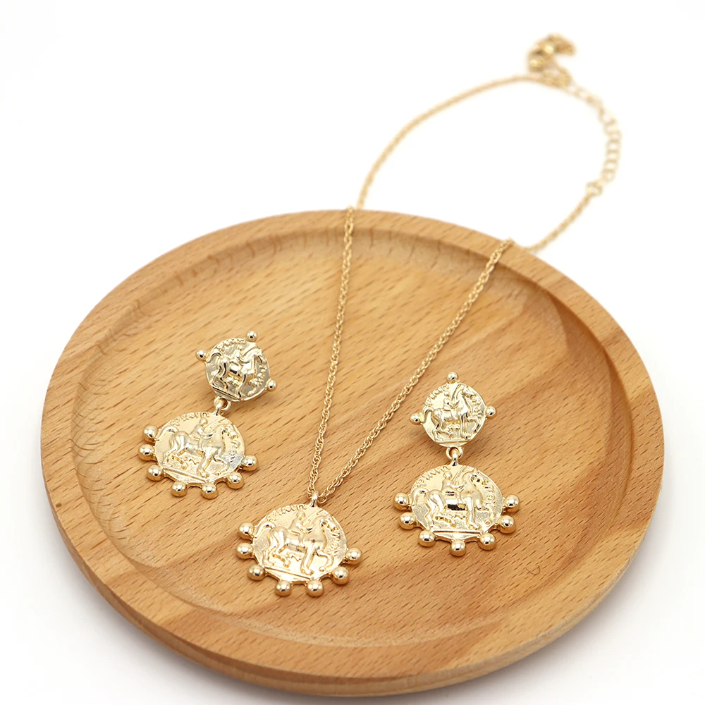 

HF JEL Vintage Ancient Gold Color Jewelry Set for Women Coin Pendant Earring Necklace Women Fashion Jewelry Set Aretes De Mujer