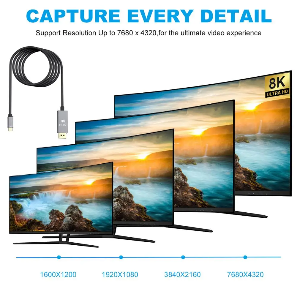 8K USB C к DisplayPort 1 4 кабель 4K @ 144Hz 3 Type Thunderbolt DP для MacBook 2017 Galaxy S9 Huawei P20|Кабели VGA| |