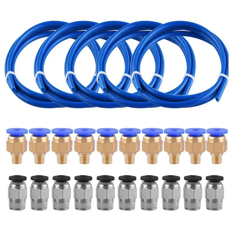 5PCS Tube Blue PTFE Tubing (1M) with 10pcs C4-M6 & 10pcs PC4-M10 Fitting Connector for 3D Printer 1.75mm Filament