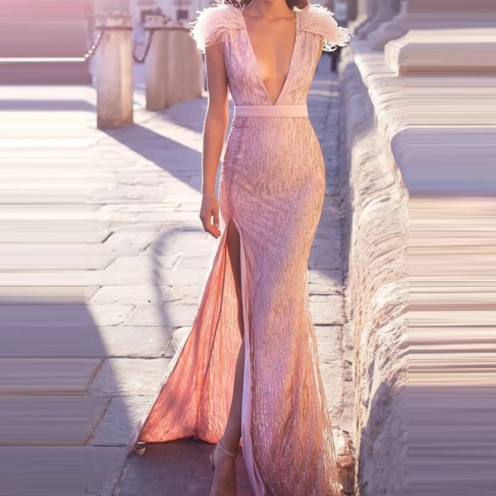 

Pink Mermaid Evening Dresses Long Luxury 2021 Gorgeous Feathers Sequin Side Split Sexy Deep V-Neck Prom Gowns Vestidos de fiesta