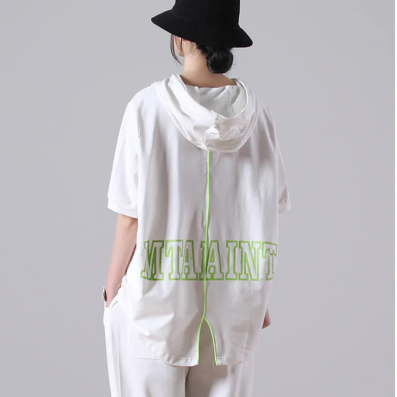 

IEQJ White Casual Daliy Letters Loose Split Sweatshirt New Hooded Short Sleeve Women Big Size Fashion Tide Summer 2021 3F0142