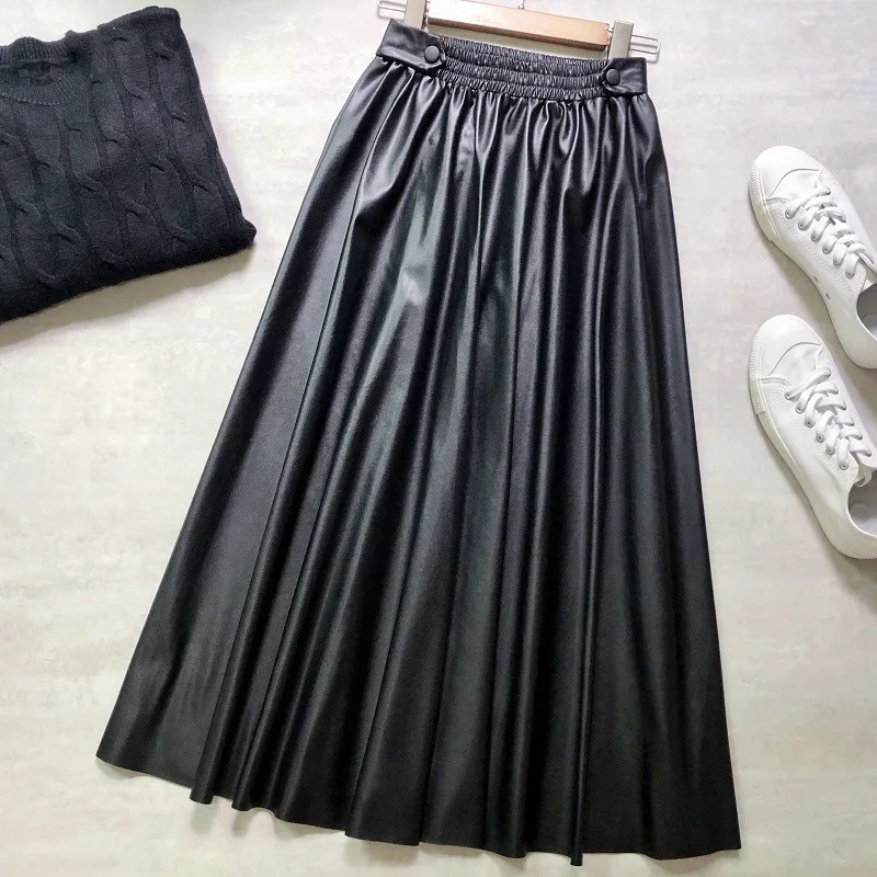 

FNOCE 2020 autumn winter women's skirt faux leather fabric street fashion casual elegant solid high waist slim Mid-Calf skirts
