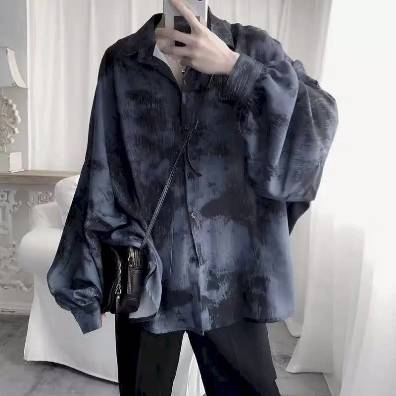 

shirt men 2020 new Hong Kong style tie-dye loose long-sleeved early autumn Korean version student ins dark abstinence shirt