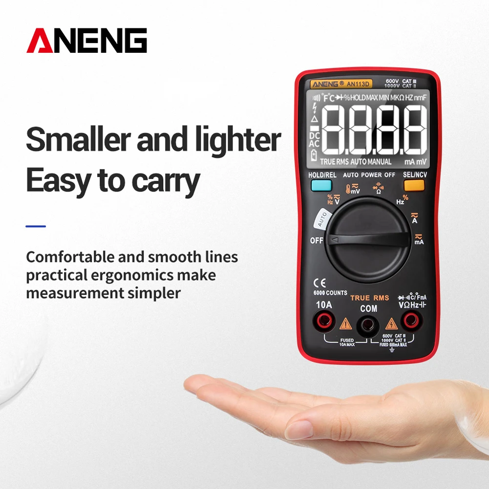AN113D Digital Multimeter 6000 Counts Electrical Transistor Tester Temperature Auto Ranging AC/DC Voltage Meter for Electrician