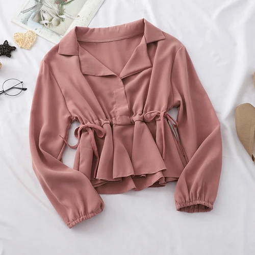 Leather Pink Neploe, новинка, отложной воротник, длинный рукав, блузка для женщин, тонкая талия, на шнуровке, одноцветная, Blusas, тонкая плиссированная рубашка, осень, весна 47107 - Цвет: Leather Pink