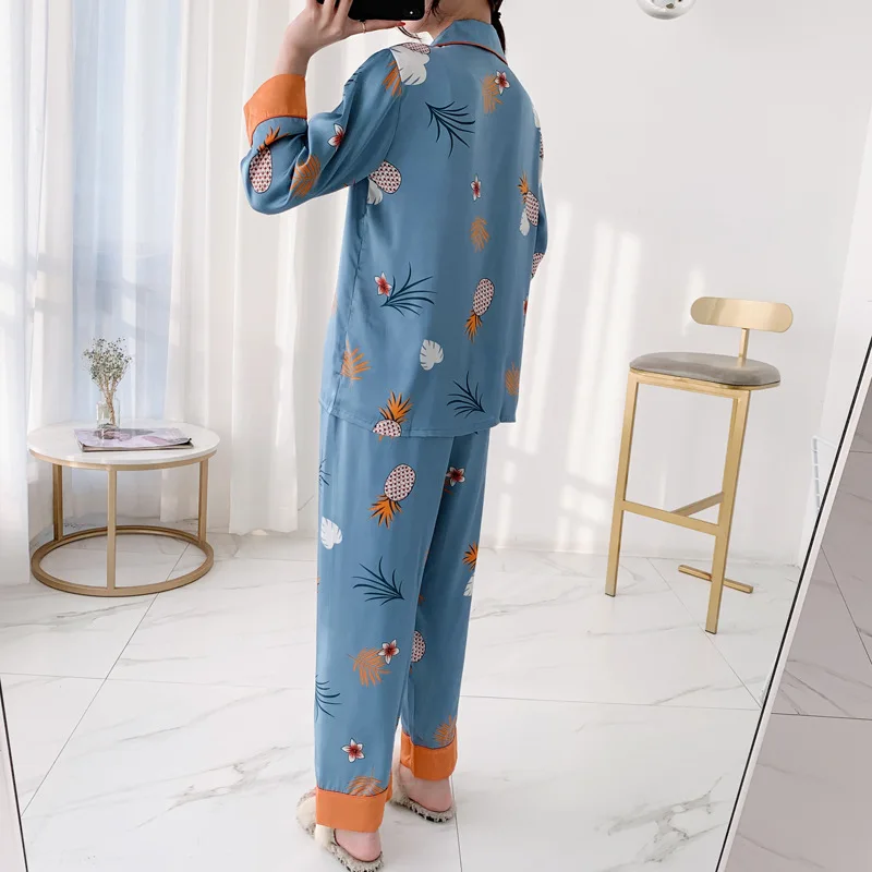 Long Sleeve Pajamas Autumn Long Sleeve Trousers Suit Pineapple Pyjama Set Large Size Two-piece Nightwear Home Service Sleepwear