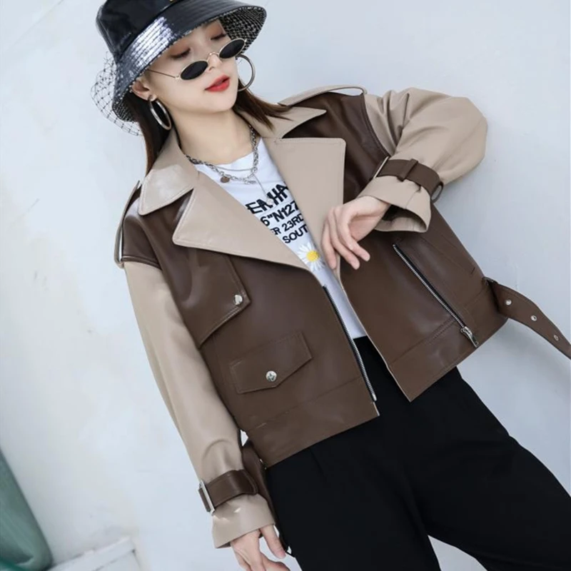 Short Fashion Women's 2023New Spring And Autumn Sheepskin Leather Jacket Leather Motorcycle Suit Suit Collar Slim Jacket