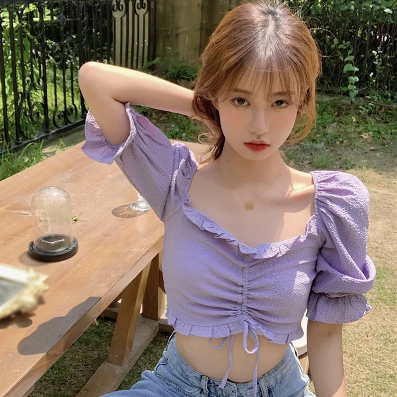 

Sweet Sexy Ruched Blusas Women Cute Slash Neck Blouse Female Short Puff Sleeve Shirts Cozy Crop Tops Soft Ropa Mujer Femme