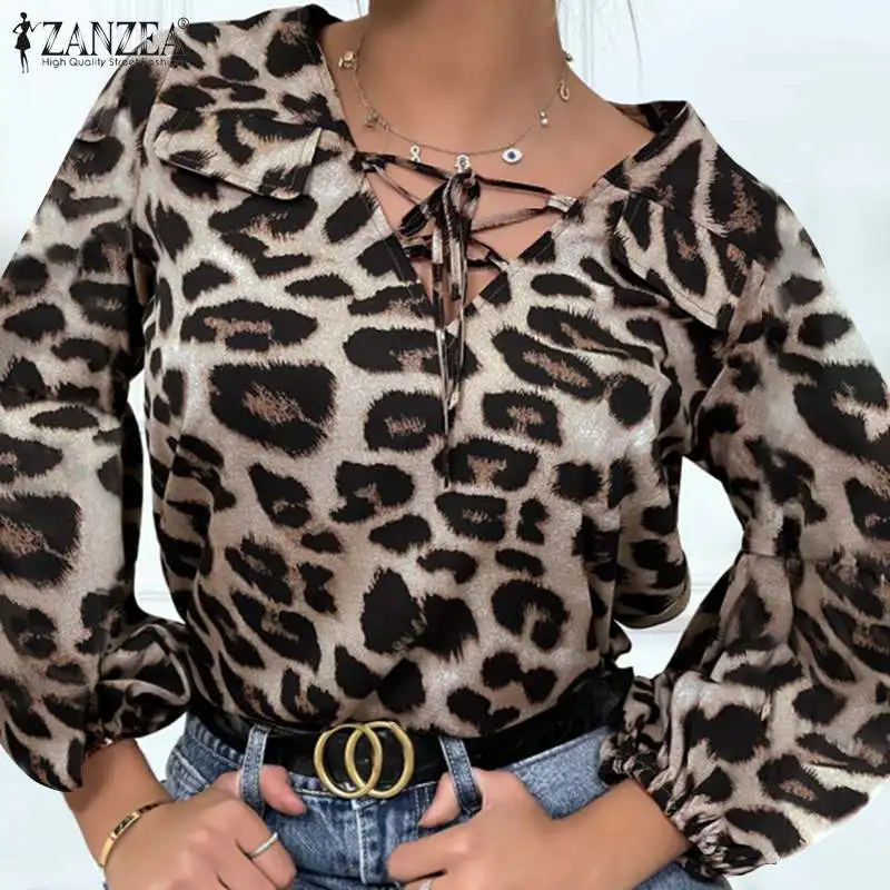 

ZANZEA Sexy V Neck Bandage Tunic Women Fashion Leopard Print Tops 2021 Autumn Casual Long Puff Sleeve Blusa Lady Oversize Blouse