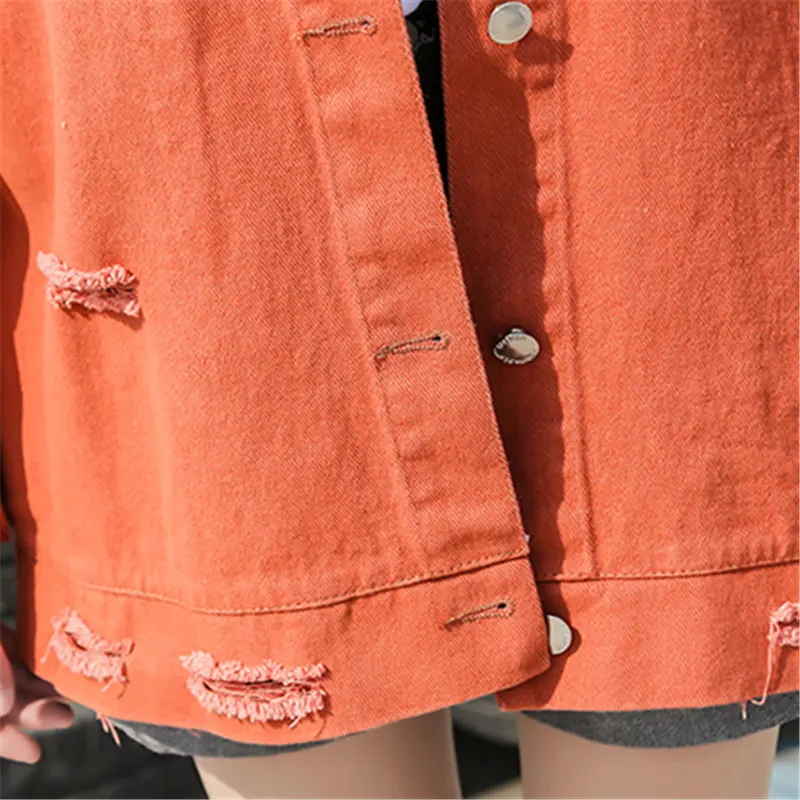

Harajuku Denim Jacket Women Lapel Long Sleeve Fashion Letter Embroidery Jeans Jacket Loose casual Hole Jeans coat Womens Spring