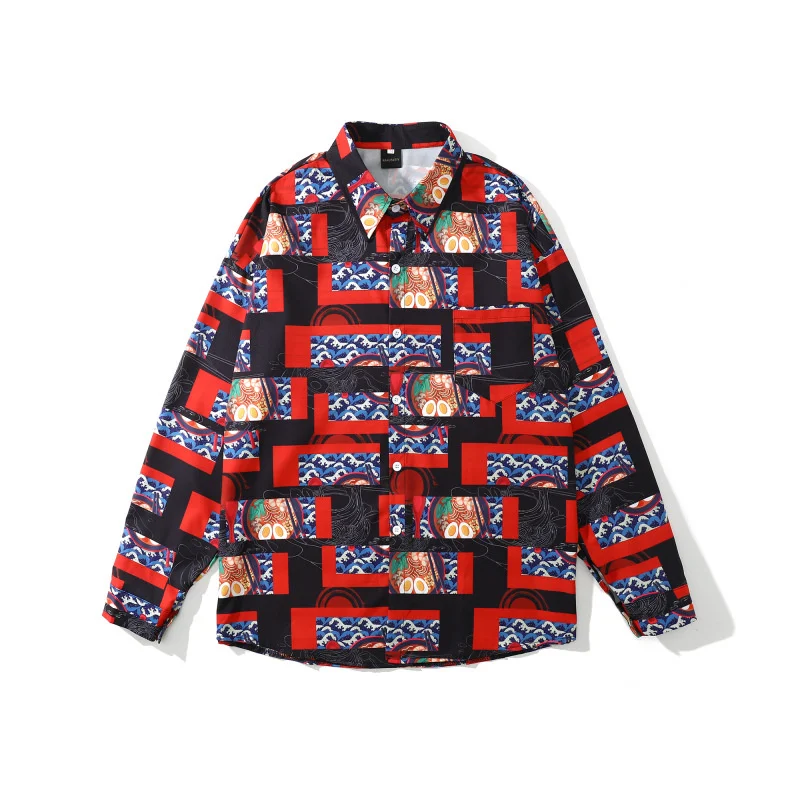 

Brand Men's Harajuku Shirts Japanese Ukiyo-e Ramen Print Shirt Streetwear Hip Hop Loose Long Sleeve Casual Blouse Fashion Tops