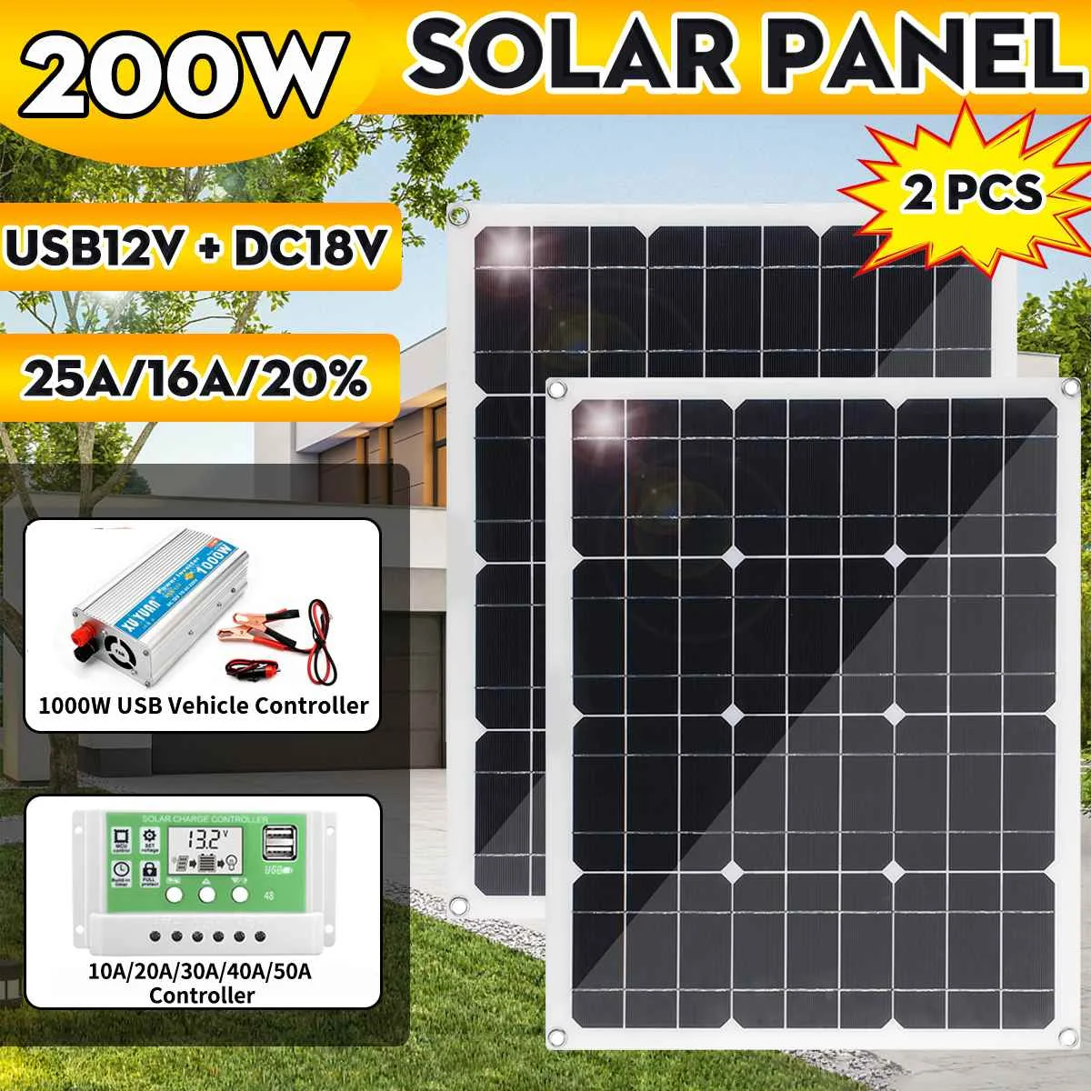 spesifikasi 100W 200W Sistem Tenaga Surya 1000W Inverter USB Kit Lengkap 10/20/30/40/50A Pengendali Panel Surya Mobil RV Pengisi Daya Baterai