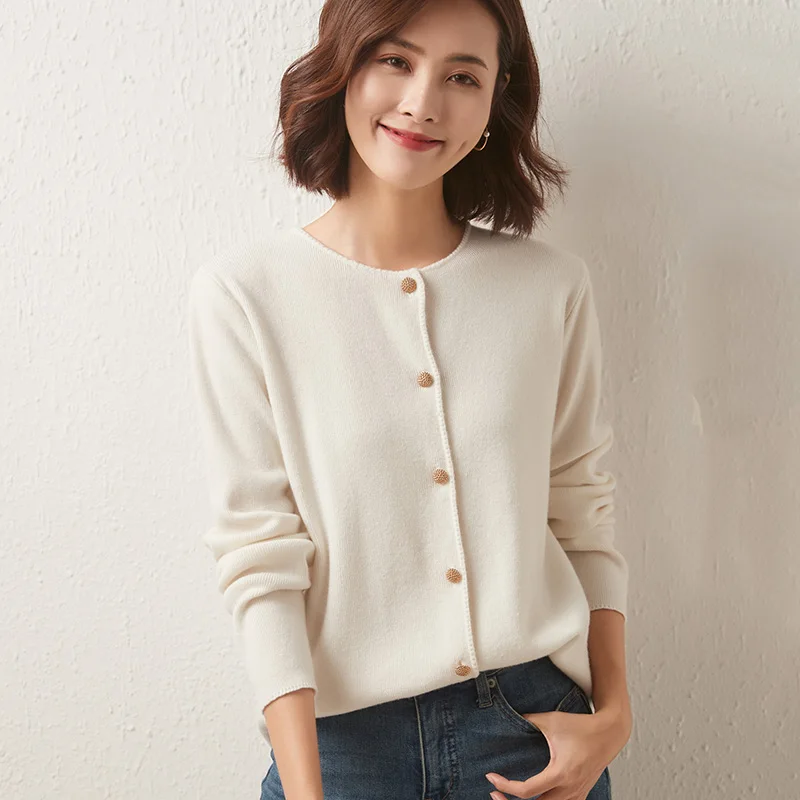 Round Neck Cardigan Women's Wool Knit Sweater Autumn And Winter 021 New Style All-Match Loose Western Casual Jacket Thin Section