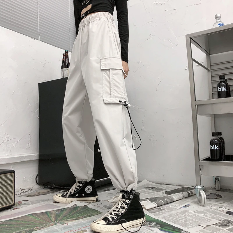 Женские свободные брюки с высокой талией армейские шаровары уличные черные