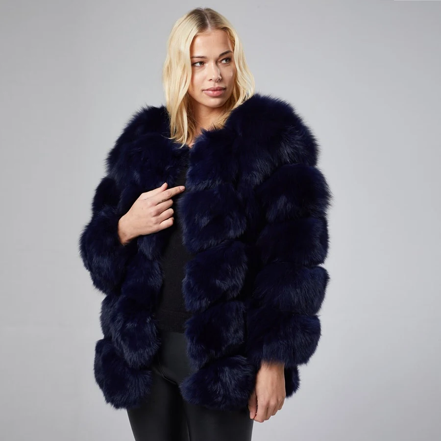 

Navy Fox Fur Jacket Plus Size Coat 2021 New Autumn Winter Warm Fashion Women Overcoat