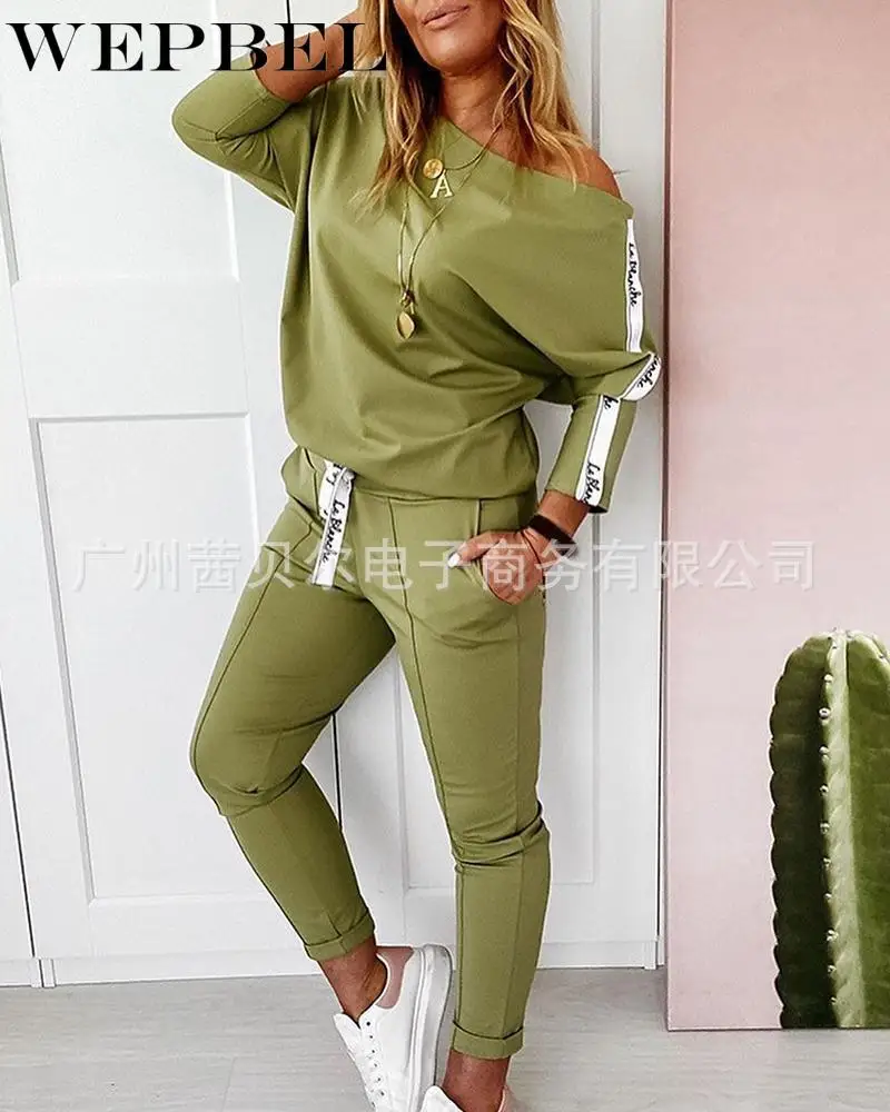 

WEPBEL Women Off Shoulder Tracksuit Set Ladies 2 Piece Set Letter Print Long Sleeve Top Sport Pant Suit 2020 Spring Autumn Suits
