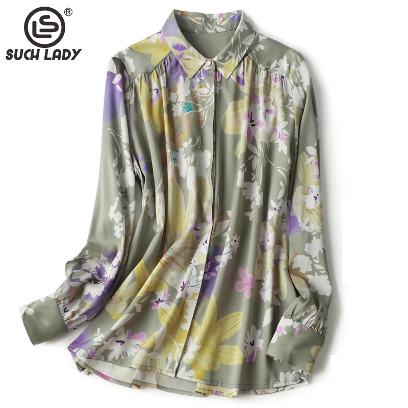

92% Heavy Silk 8% Spandex Women's Shirt Turn Down Collar Long Sleeves Floral Printed Ruched Elegnat Blouse Tops