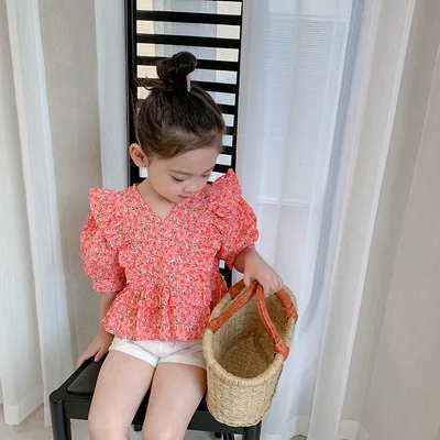 

Children's Girls Shirt 2021 Summer New Baby Girls Ruffled Puff Sleeve Floral Shirt Kids Girls V-neck Baby Shirt Toddler Blouse