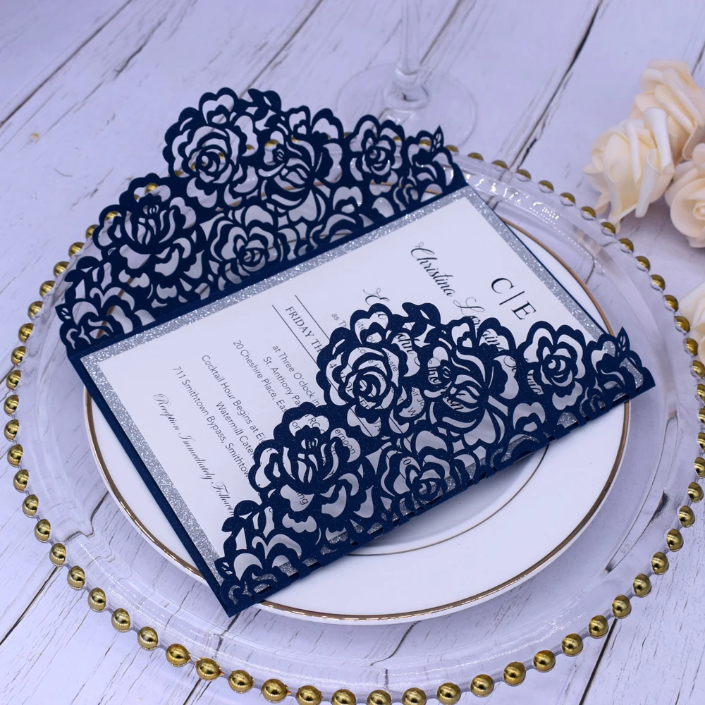 Приглашения на свадьбу с блестками темно синего и серебристого цветов 50