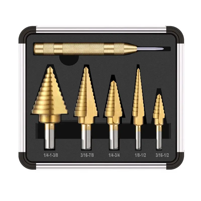 

L9BE 6PCS Titanium Step Drill Bit Set with Automatic Center Punch, 50 Sizes in 5 High Speed Steel Drill Bits Set for Sheet Metal