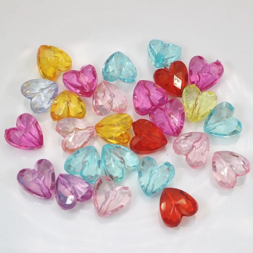 

200 Mixed Color Transparent Acrylic Faceted Heart Beads Charms 12X12mm