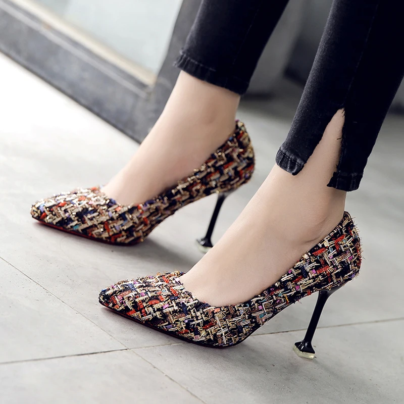 Туфли лодочки женские твидовые офисная обувь на очень высоком каблуке базовые
