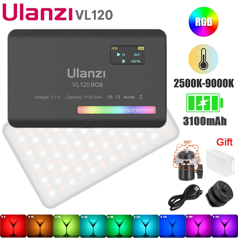 Ulanzi VL120 RGB LED Video Light Camera Light Full Color Rechargeable 3100mAh Dimmable 2500-9000K Panel Light Photo Studio Lamp