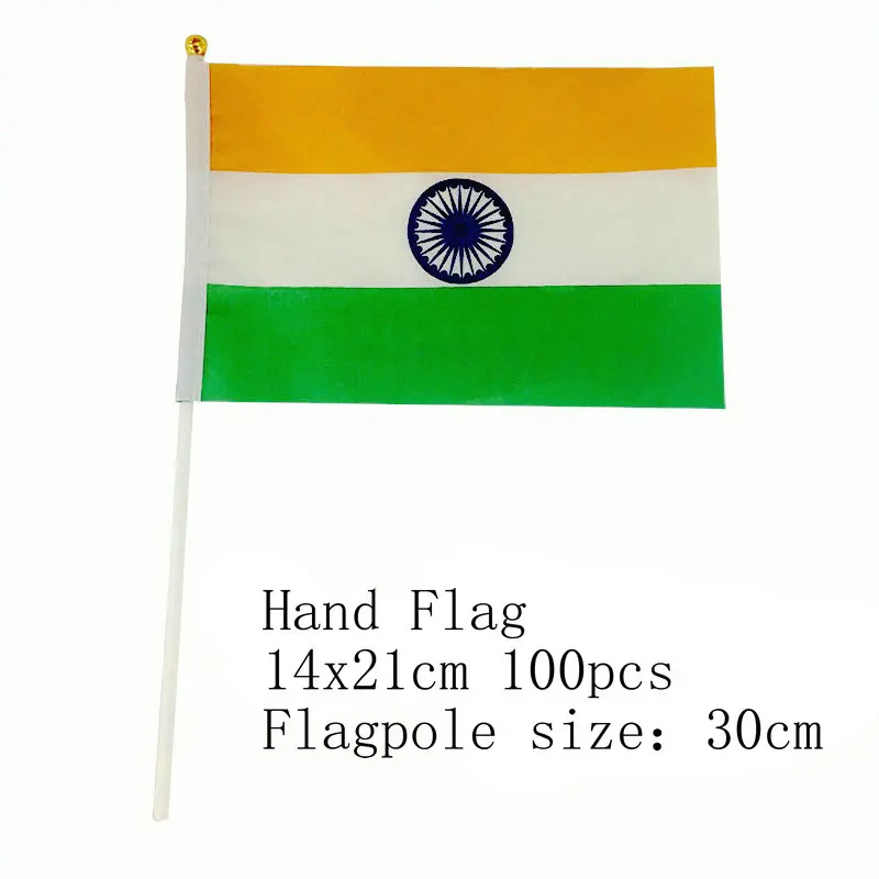 

zwjflagshow India Hand Flag 14*21cm 100pcs polyester Indian Small Hand waving Flag with plastic flagpole for decoration