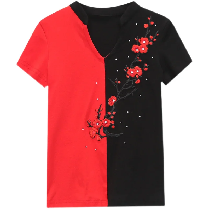 

Chinese Style Women's T-Shirt New 2021 Summer Short Sleeve Embroidery Tops And Shirt Plus Size Woman Blusas
