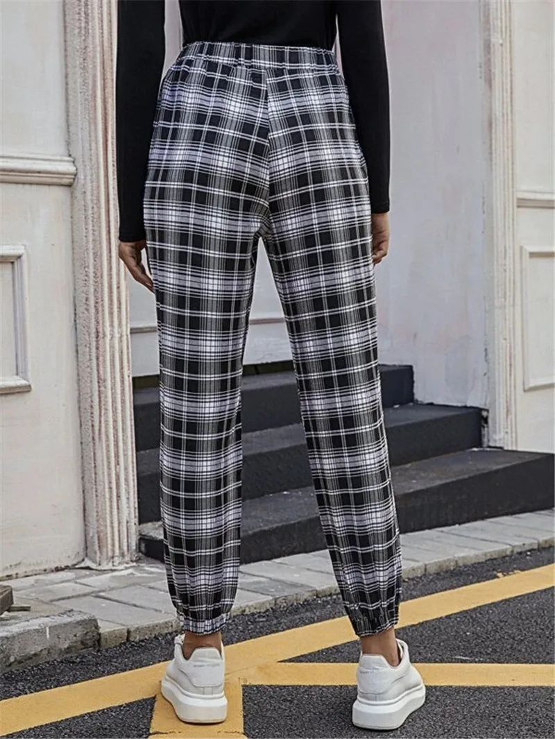 Новые женские повседневные штаны в клетку шотландскую с высокой посадкой