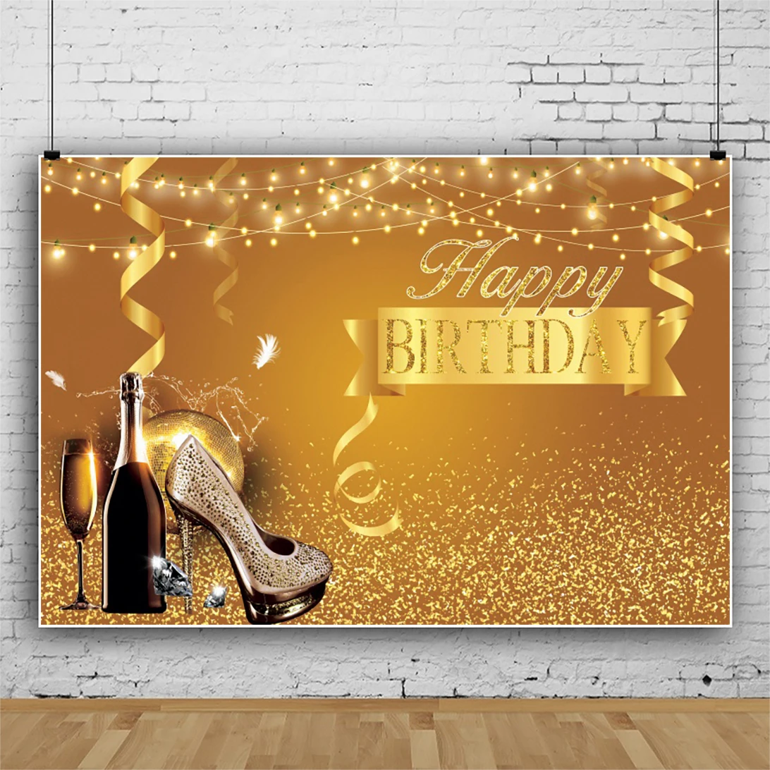

Laeacco Princess Birthday Golden Faint light Background Wine High Heels Poster Portrait Customized Photographic Backdrops