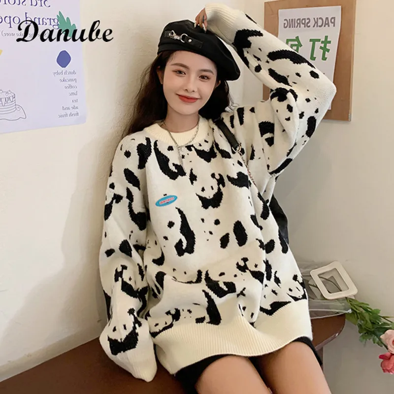 

Женский осенний свитер с длинным рукавом, теплый Повседневный пуловер в Корейском стиле Харадзюку с принтом панды, вязаный Топ оверсайз
