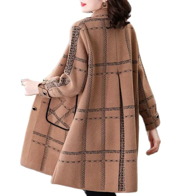 

Fat Mother Autumn Winter New Faux Fur Coat 2022 Catties Plus Fat Popularity Mid-Length Woolen Plaid Wool Coat Temperament A975